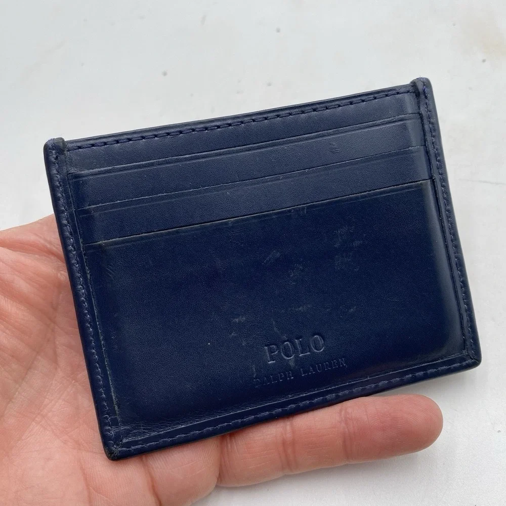Polo Ralph Lauren Blue Leather Wallet Slim Card Case Pony Logo Print $75 VGC‎